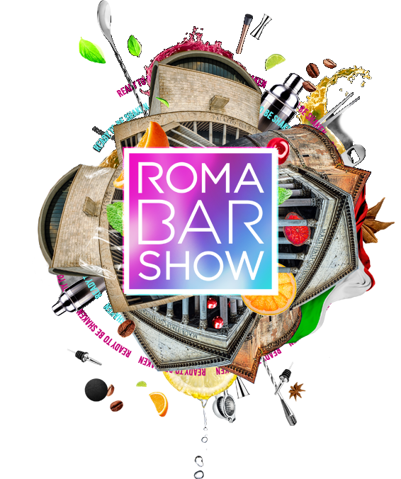 Logo colorato del Roma Bar Show con elementi grafici di cocktail e ingredienti. Il design evidenzia l'energia e la creatività nel mondo della mixology.