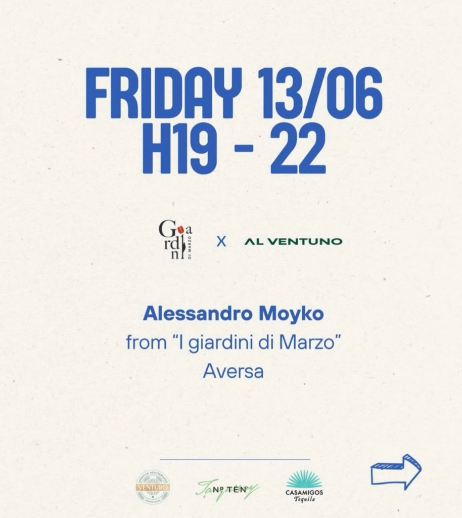 Evento del 13 giugno con Alessandro Moyko da "I giardini di Marzo" presso AlVentuno. Dettagli su orario e collaborazione.